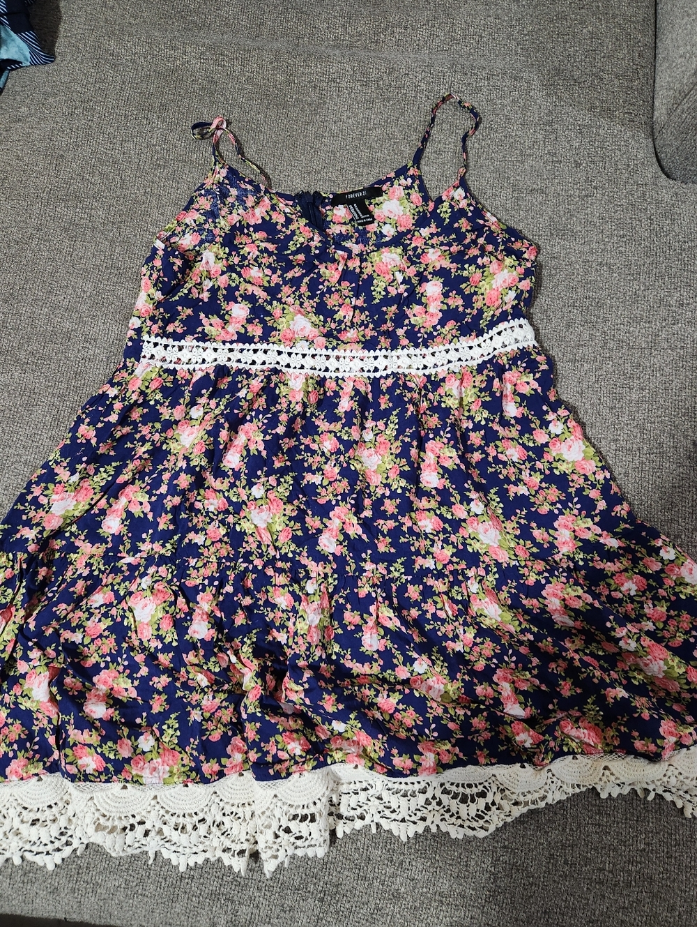 Navy Floral Lace-Trim Sundress - Pink & Green Roses